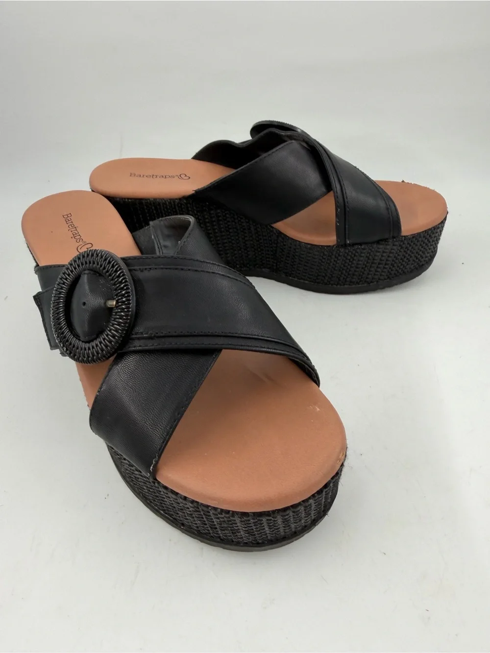 BareTraps Women’s Sydney Black -SZ 7.5- Buckled Cork Platform Wedge Sandals